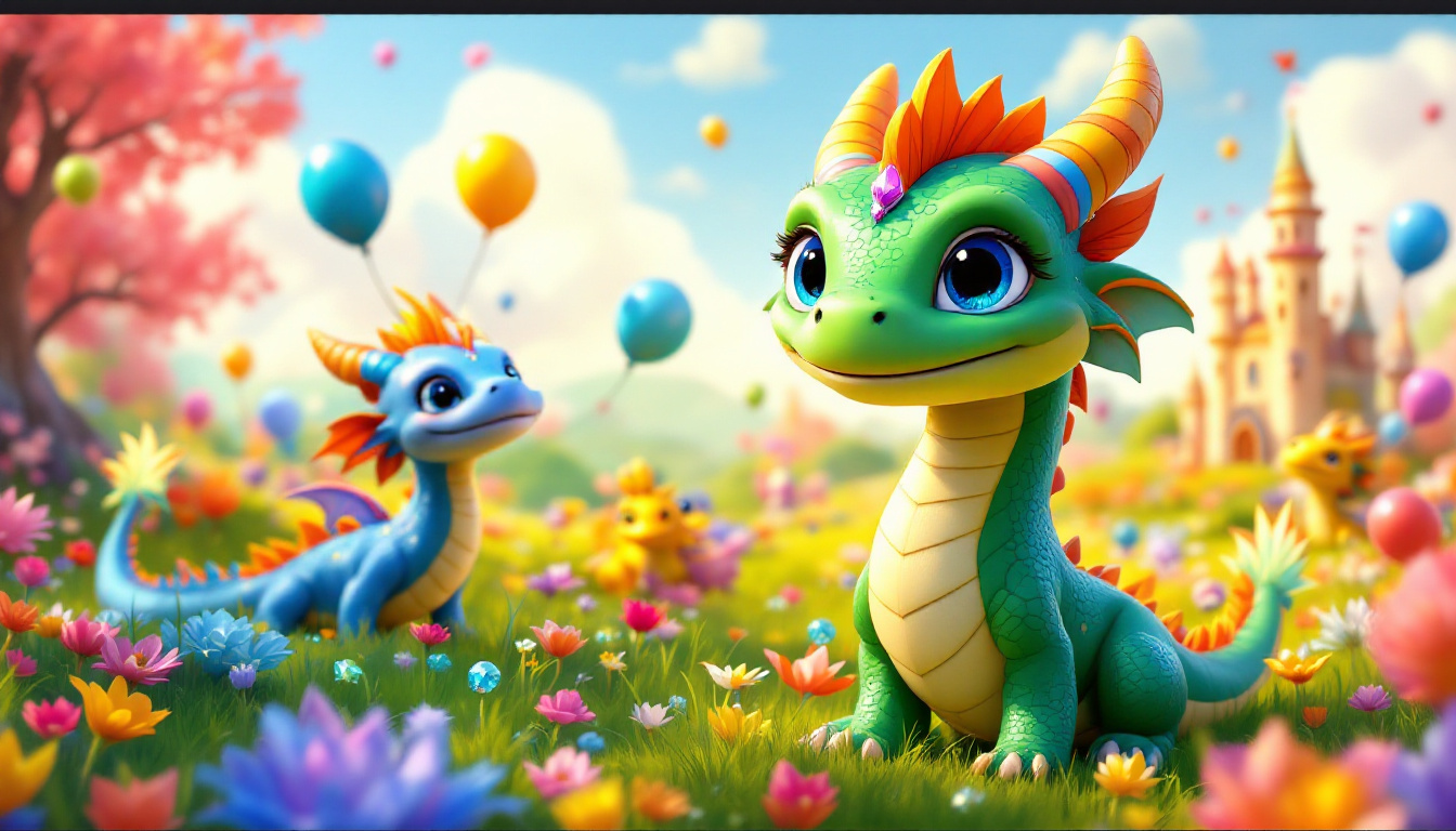 A cheerful green dragon named Felix with blue eyes, colorful balloons, sparkling gemstones and a bright paper castle, celebrating with fellow dragons in a vibrant, magical meadow during a sunny day.