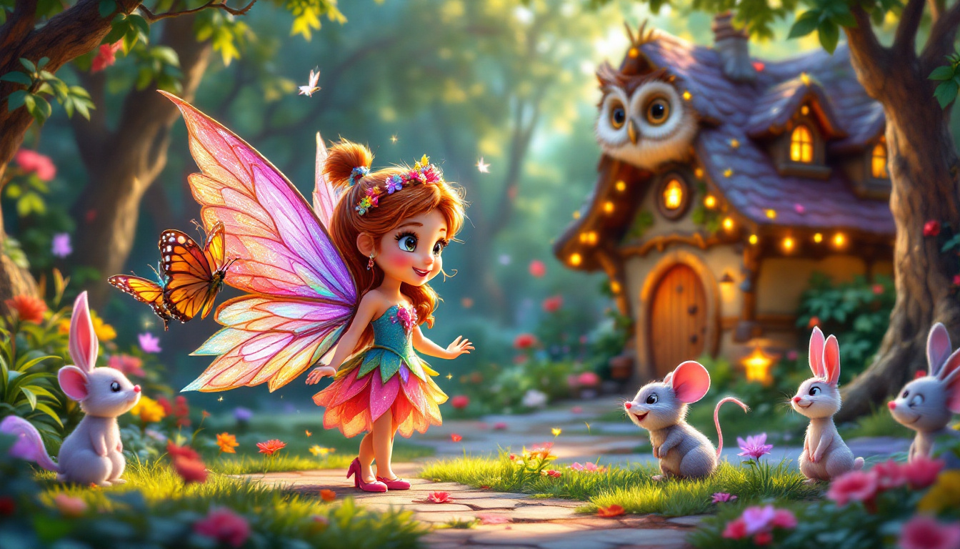 A whimsical fairy named Anna with shimmering wings, surrounded by her animal friends - a colorful butterfly, a playful bunny named Felix, and a cheerful mouse named Mia. They are in an enchanting forest, approaching a wise old owl wizard's cottage. Capture the magic and friendship theme in a vibrant and colorful illustration.