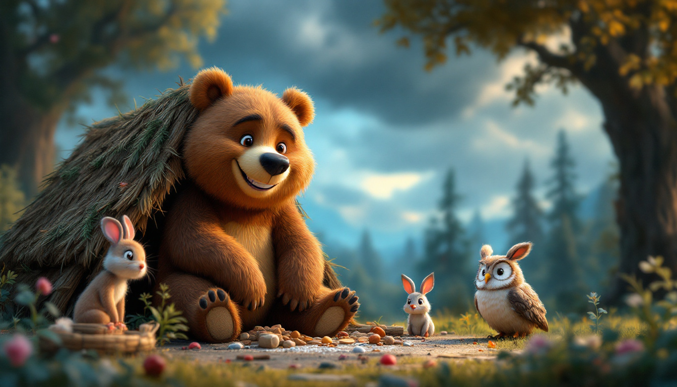 A cute bear named Bruno with a big smile, building a shelter with his animal friends including a mouse, a rabbit, and an owl in a forest setting, dramatic dark clouds looming in the sky, children's everyday adventure genre