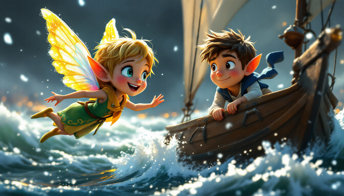 A whimsical illustration featuring Felix Flüsterwind, a small, colorful elf with shimmering wings, flying beside a sailing boat in the midst of a stormy sea. The elf is guiding a young sailor named Lars, who is determined and focused as he navigates through the waves. The background shows dark storm clouds and hints of a bright harbor in the distance, conveying a sense of adventure and magic.
